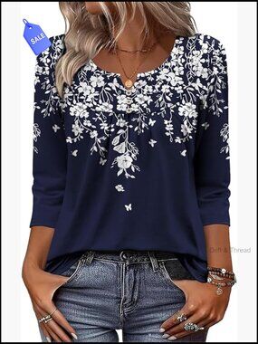 3/4 Sleeve V-Neck Tunic Blouse Floral Print Loose Fit Business Casual